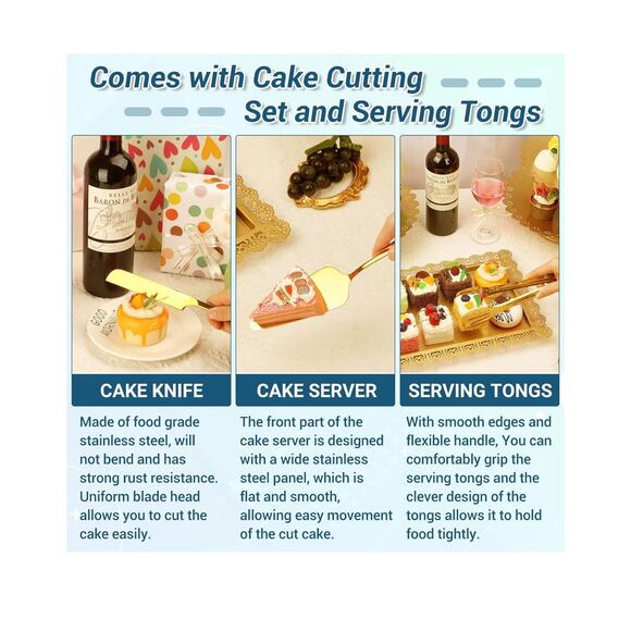 Audab Gold Metal Dessert Stand Set Cake Cupcake Tower Tray Riser Tongs for We... - Picture 6 of 8